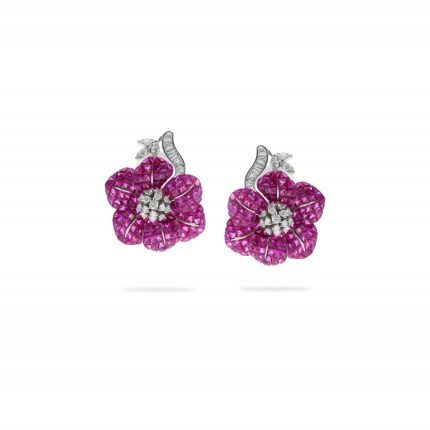 Invisible setting ruby earrings with diamonds