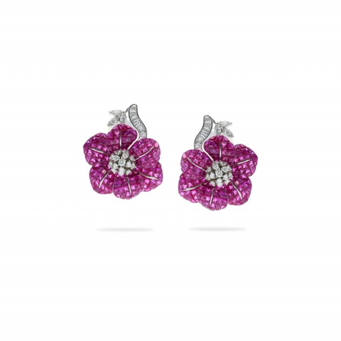 Invisible setting ruby earrings with diamonds