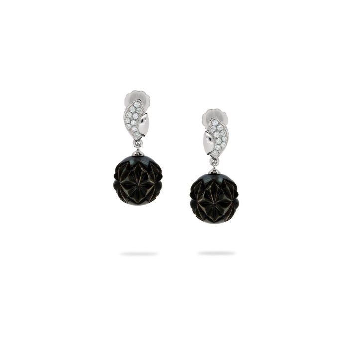 Carved Tahitian pearl earrings with diamonds